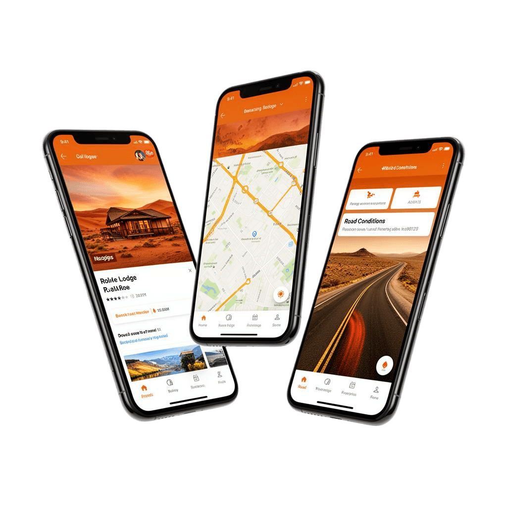 NamibiaGo app showing lodge listings, map view, and road conditions